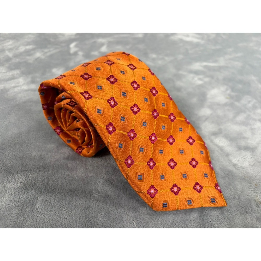 Canali Orange Geometric Tie Silk Floral Diamond Jacquard Italy